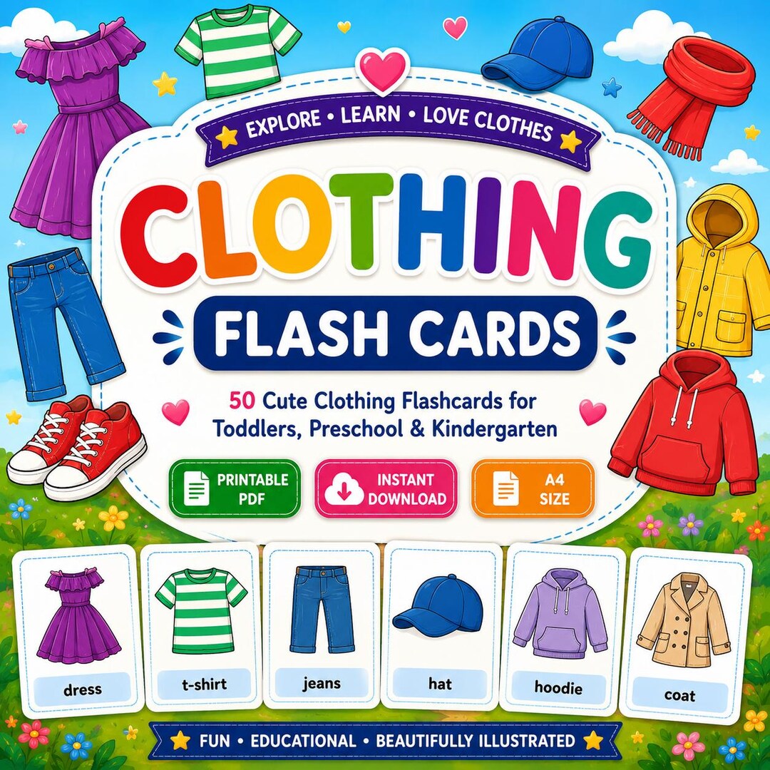 Clothing Flash Cards for Kids Printable PDF Editable Montessori Clothes