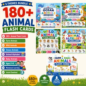 Op de afbeelding: Een digitale bundel van 180+ dierenflitskaarten met vijf thema's: zeedieren, dieren, wilde dieren, dierenalfabet en boerderij- en babydieren, elk voorzien van kleurrijke illustraties en tekstlabels voor educatieve doeleinden.