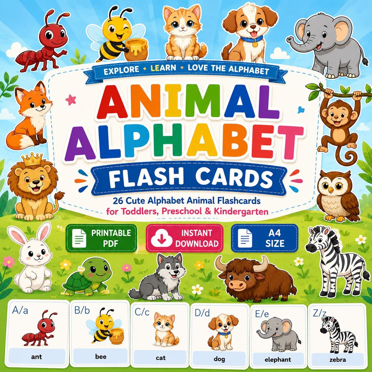 Animal Alphabet Flash Cards for Kids Printable ABC Animals Montessori