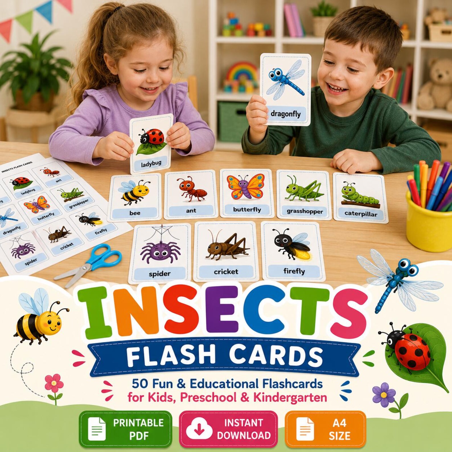 Insect Flash Cards for Kids Printable PDF Montessori Bug Vocabulary ...