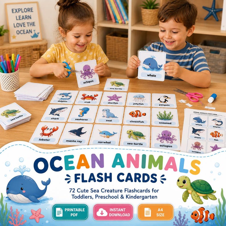 Ocean Animals Flash Cards, 72 Sea Creatures, Toddler Preschool Science ...