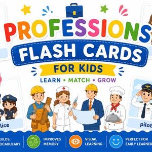 Puede incluir: Tarjetas didácticas para niños con diversas profesiones. La imagen muestra tarjetas con ilustraciones de un médico, un profesor, policías y un piloto. Adecuado para niños de 2 a 8 años, promueve el vocabulario y el aprendizaje visual.
