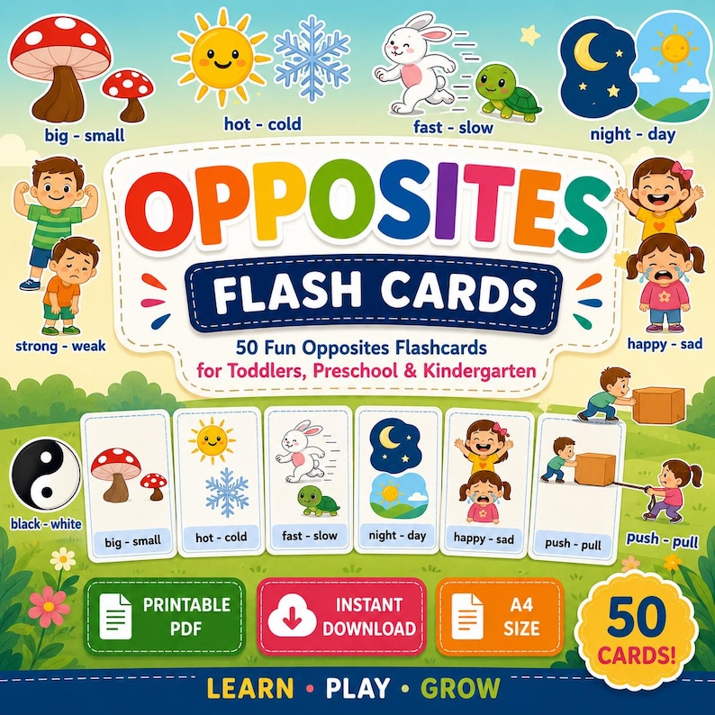 Buy Opposites Flash Cards for Kids Printable PDF Montessori Antonyms ...