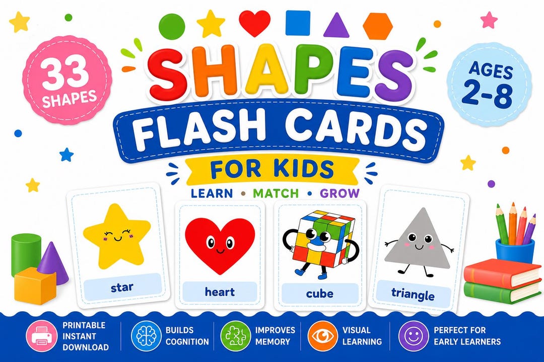 Shapes Flash Cards for Kids Printable Montessori Preschool Geometry ...