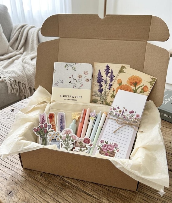 Spring Stationery Box, Pastel Journaling Bundle, Floral Desk Accessories, Scrapbook Supplies