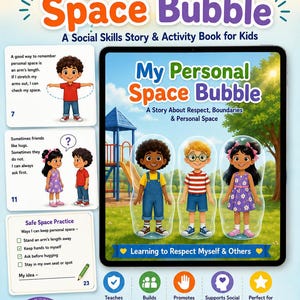 Könnte beinhalten: Digitaler Download des Buches "My Personal Space Bubble" für Kinder. Das Cover zeigt den Titel in Orange, Grün und Lila, mit Illustrationen von Kindern. Es lehrt persönliche Grenzen und Respekt. Enthält Geschichte und Arbeitsblätter.