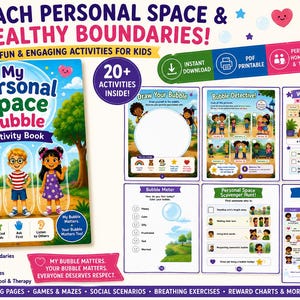 May include: A spiral-bound activity book titled My Personal Space Bubble with colourful illustrations of children inside bubbles. The cover features text about personal space and boundaries, alongside previews of interior pages including games, charts, and scavenger hunts for children aged 3-8.