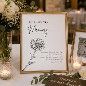 May include: A framed sign with the words "IN LOVING Memory" and a floral illustration. The sign includes the text "Honoring the loved ones that we hold close in our hearts. We miss them deeply every day, but most especially on this special day."