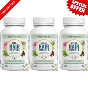 May include: Three white supplement bottles with the text "VITAL HAIR COMPLEX" and floral graphics. The bottles are labeled with "11 Proprietary Blends" and "Essential Multivitamins + Minerals". The image includes "Free Shipping" and "Special Offer" banners.