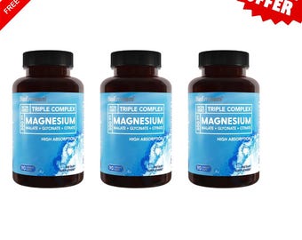 3x Triple Magnesium Complex 300mg Glycinate Malate Citrate 90 Capsules Vegan