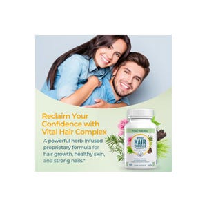 May include: An advertisement for Vital Hair Complex. The image features a couple smiling, with a bottle of the product in the foreground. The bottle is white with green and black text, and the label includes the words "Vital Hair Complex". The text on the ad says "Reclaim Your Confidence".