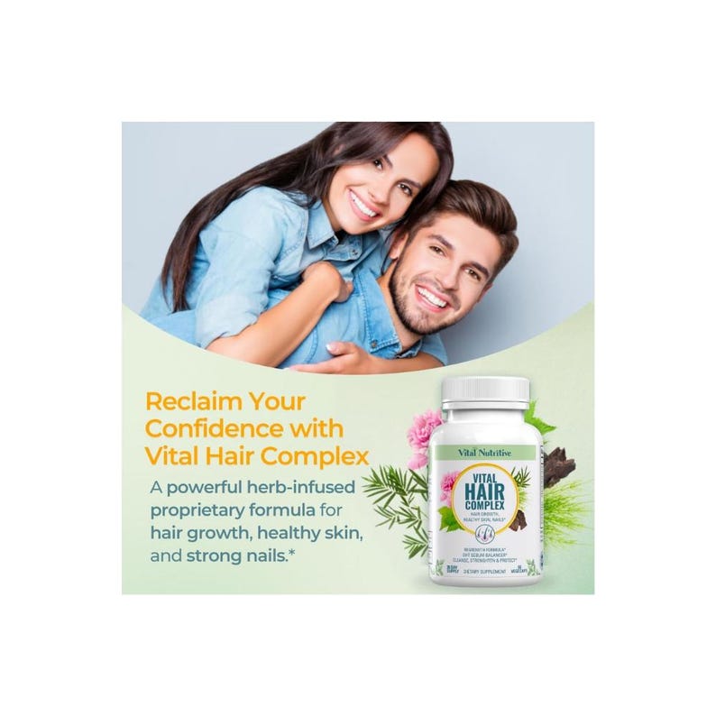 May include: An advertisement for Vital Hair Complex. The image features a couple smiling, with a bottle of the product in the foreground. The bottle is white with green and black text, and the label includes the words "Vital Hair Complex". The text on the ad says "Reclaim Your Confidence".