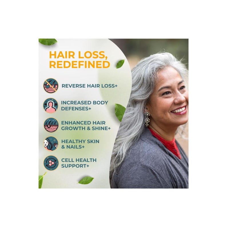 May include: Image features text "HAIR LOSS, REDEFINED" with benefits listed: Reverse Hair Loss+, Increased Body Defenses+, Enhanced Hair Growth & Shine+, Healthy Skin & Nails+, and Cell Health Support+. A smiling woman with gray hair is in the background.