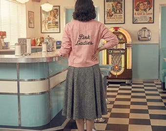 Rosa Damenjacke: 1950er Jahre Grease Style Frauen Retro Crop Biker Mantel