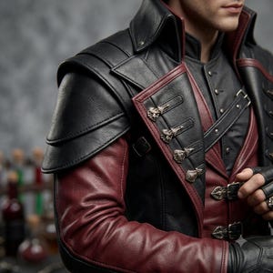 Puede incluir: Una chaqueta de cuero negro y rojo oscuro con hombreras superpuestas, cuello alto y hebillas y cierres decorativos de metal plateado. La prenda incluye una correa diagonal sobre el pecho y mangas largas de cuero a juego.