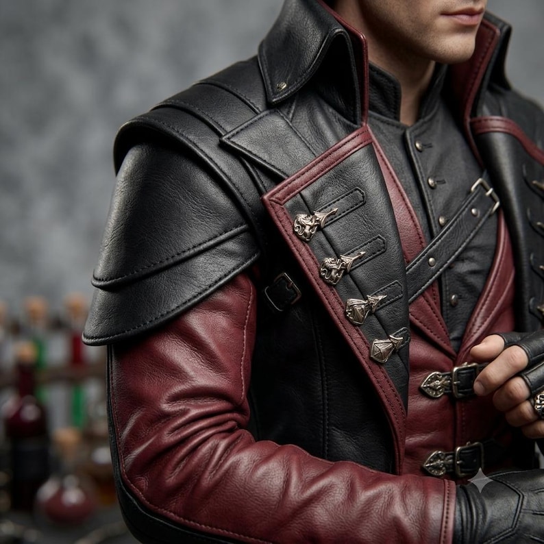 Puede incluir: Una chaqueta de cuero negro y rojo oscuro con hombreras superpuestas, cuello alto y hebillas y cierres decorativos de metal plateado. La prenda incluye una correa diagonal sobre el pecho y mangas largas de cuero a juego.