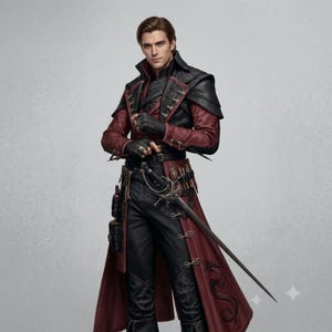 Dark fantasy rogue leather costume featuring a burgundy and black duelist coat with shoulder armor and tactical belts.