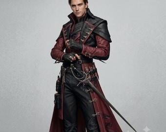 Dark-Fantasy-Schurken-Lederkostüm, Vampirjäger-Cosplay-Outfit, Mittelalterlicher Duellantenmantel