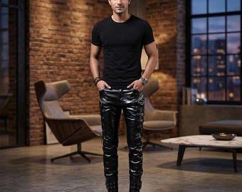 Schwarze Kunstleder Bikerhose für Herren, Slim Fit Punk Moto Hose