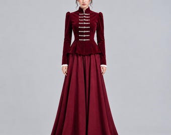 Viktorianisches Kleid aus burgunderrotem Samt, gotisches Militär-Maxikleid, Renaissance-Kostüm