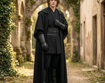 Schwarzes Jedi-Sith-Kostümset für Herren – Kapuzenrobe, Tunika, Gürtel, Handschuhe