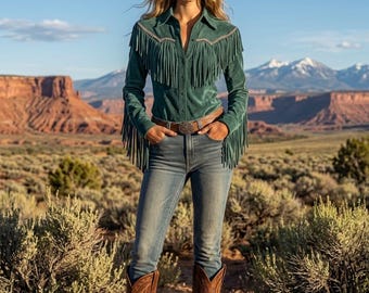 Salbeigrüne Wildleder Western Fransen Jacke, Boho Ranchwear Jacke