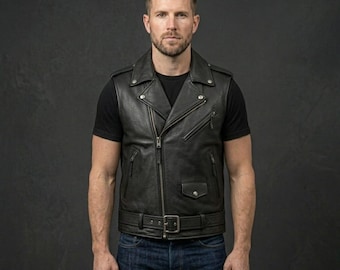 Bikerweste aus echtem Leder für Herren, schwarze ärmellose Motorradjacke, Rocker Style Taillengürtel
