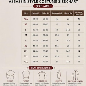 Puede incluir: Una tabla de tallas para un disfraz de estilo asesino titulada COATIQUE DESIGN. La tabla enumera tallas de XXS a 4XL con medidas en pulgadas para pecho, cintura, hombro, manga y largo. Incluye diagramas para medir el pecho, la cintura, el hombro, la manga y el largo.