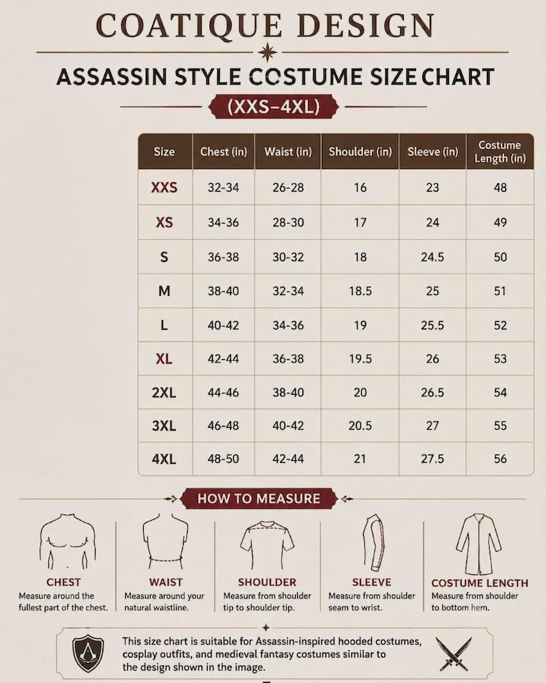 Puede incluir: Una tabla de tallas para un disfraz de estilo asesino titulada COATIQUE DESIGN. La tabla enumera tallas de XXS a 4XL con medidas en pulgadas para pecho, cintura, hombro, manga y largo. Incluye diagramas para medir el pecho, la cintura, el hombro, la manga y el largo.