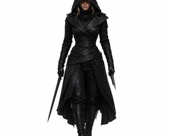 Schwarzes Kapuzen-Assassinen-inspiriertes Cosplay-Kostüm für Damen, mittelalterliches Schurken-Outfit