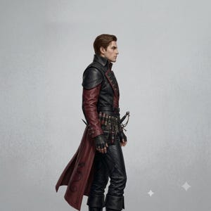 Puede incluir: Una figura que viste un abrigo largo negro y rojo oscuro con hombros estructurados, un cintur&oacute;n con peque&ntilde;os viales y herramientas, guantes de cuero negro y pantalones negros. El abrigo tiene cuello alto y un dise&ntilde;o de drag&oacute;n en la parte trasera.