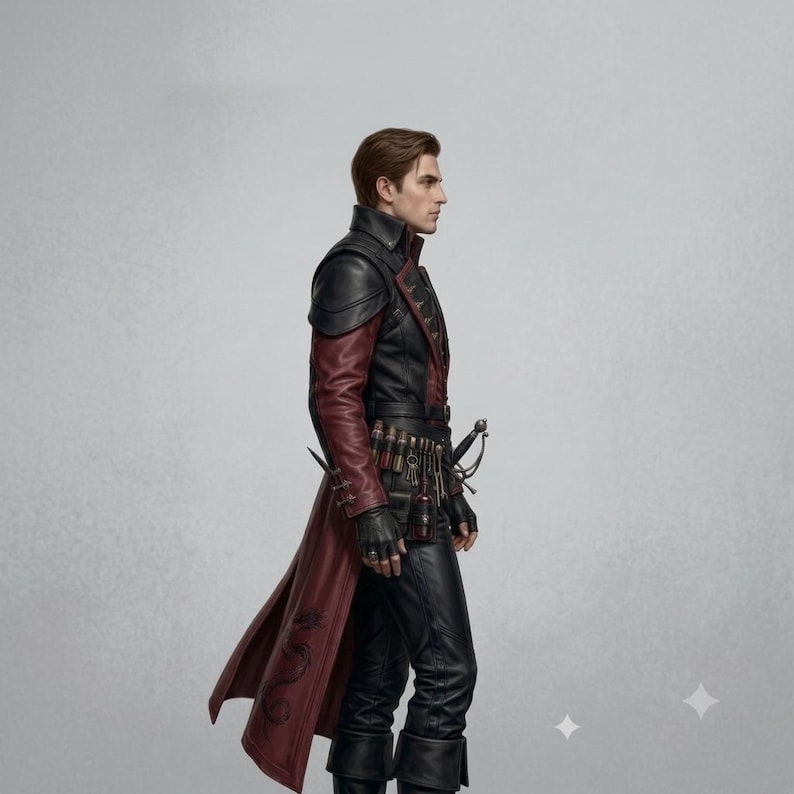 Puede incluir: Una figura que viste un abrigo largo negro y rojo oscuro con hombros estructurados, un cintur&oacute;n con peque&ntilde;os viales y herramientas, guantes de cuero negro y pantalones negros. El abrigo tiene cuello alto y un dise&ntilde;o de drag&oacute;n en la parte trasera.