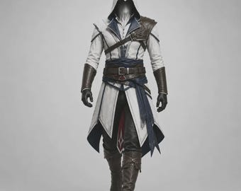 Disfraz de asesino medieval con capucha blanca / Armadura de cuero hecha a mano / Atuendo de pícaro de fantasía / Cosplay de feria renacentista