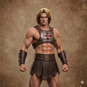 He-Man Cosplay-rustning, Masters of the Universe-kostym i fårskinn, medeltida lajvriddarkostym