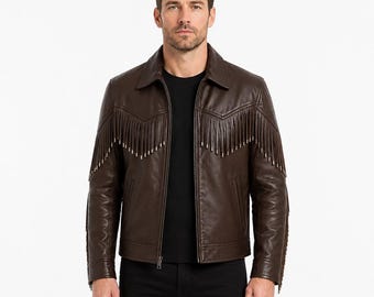 Braune Lederjacke mit Fransen, Western-Bikerjacke, Cowboy-Motorradjacke, Herren-Reiterbekleidung, Vintage-Mode