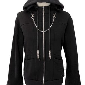 May include: A black zip-up hoodie featuring a hood with long drawstrings, silver-toned metal hardware, and a decorative silver chain draped across the chest. The garment includes a full-length front zipper, two front pockets, and long sleeves.