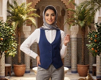 Damen Marine Blau Slim Fit maßgeschneiderte Weste, V-Ausschnitt Blazer Stil Weste