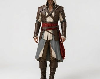 Assassinen-Cosplay-Kostüm für Herren, Piraten-Mittelalterjacke mit Kapuze, Renaissance-Halloween-Outfit