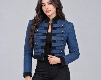 Blaue Husarenjacke für Damen, Brokat-Bandjacke, Steampunk-Kostüm im viktorianischen Stil, Parademantel mit goldenen Knöpfen