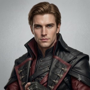 Puede incluir: Una persona de cabello casta&ntilde;o claro viste una chaqueta de cuero negro con ribetes rojos, cuello alto y cierres met&aacute;licos. La chaqueta presenta paneles superpuestos y un dise&ntilde;o estructurado con una capa interior de color rojo oscuro visible.