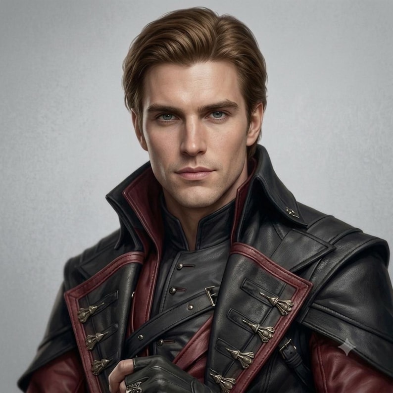 Puede incluir: Una persona de cabello casta&ntilde;o claro viste una chaqueta de cuero negro con ribetes rojos, cuello alto y cierres met&aacute;licos. La chaqueta presenta paneles superpuestos y un dise&ntilde;o estructurado con una capa interior de color rojo oscuro visible.