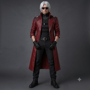 Puede incluir: Una gabardina larga de cuero rojo oscuro sobre una camisa negra de cuello alto y pantalones negros. El conjunto incluye guantes de cuero negro, un cinturón negro con hebilla plateada y gafas de sol oscuras. Cabello corto de color blanco plateado.