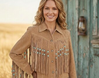 Beige Wildleder Fransen Jacke, Türkis Perlen Western Boho Mantel