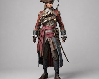 Piratenkapitän-Cosplay-Kostüm für Herren, burgunderroter Mantel, Dreispitz, Renaissance-Outfit