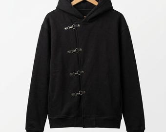 Schwarzer Knebelverschluss Hoodie | Oversized Baumwollmischung Streetwear