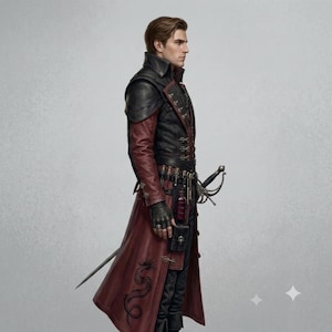 Side profile of dark fantasy rogue cosplay costume with layered leather shoulder armor and fitted duelist coat.