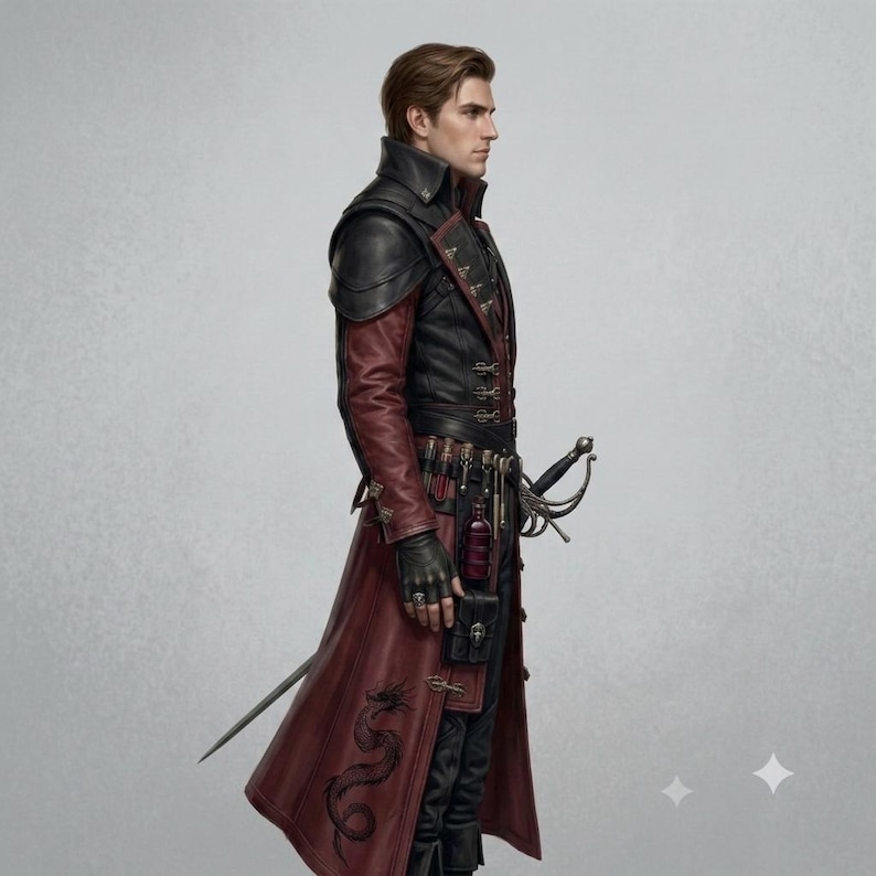 Side profile of dark fantasy rogue cosplay costume with layered leather shoulder armor and fitted duelist coat.