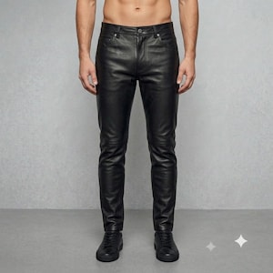 Puede incluir: Pantalones de cuero negro con un dise&ntilde;o cl&aacute;sico de cinco bolsillos, cierre de bot&oacute;n y cremallera, y trabillas para cintur&oacute;n. Estos pantalones de corte ajustado tienen un acabado liso y se combinan con zapatillas negras, creando una silueta limpia.