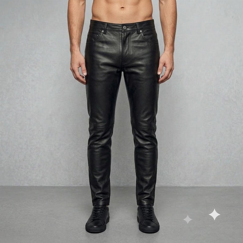 Puede incluir: Pantalones de cuero negro con un dise&ntilde;o cl&aacute;sico de cinco bolsillos, cierre de bot&oacute;n y cremallera, y trabillas para cintur&oacute;n. Estos pantalones de corte ajustado tienen un acabado liso y se combinan con zapatillas negras, creando una silueta limpia.
