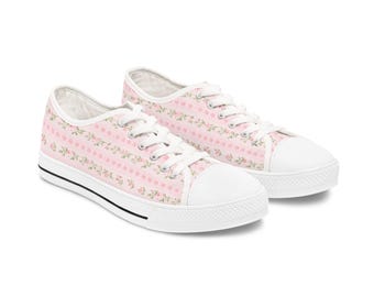 Frenchie Fancy Pink Paw Floral Stripe Women's Low Top Sneakers